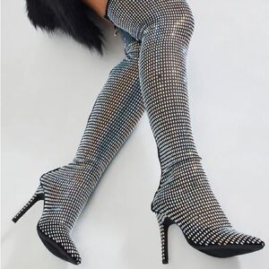Under The Disco Ball Over The Knee High Heeled Thigh High Boots Black 7.5